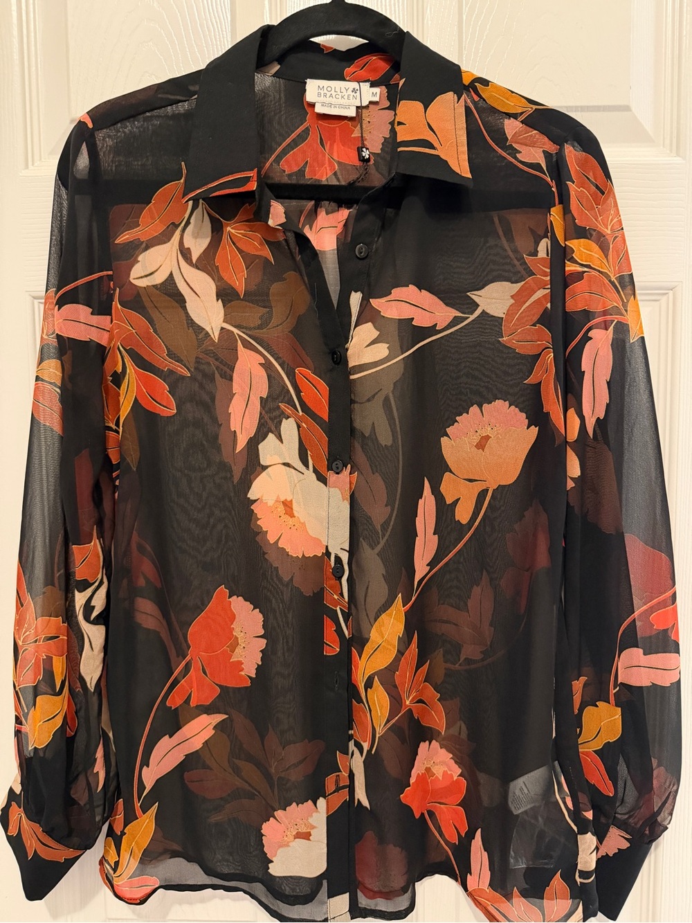 Molly Bracken Black Sheer Button-Down Blouse with Peach & Orange Floral Print